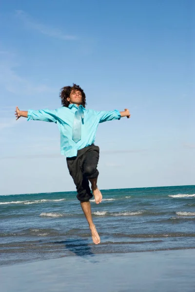 Young Man Jumping Beach — Stock Photo, Image