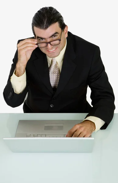 Businessman Using Laptop Looking Camera — Stock Photo, Image