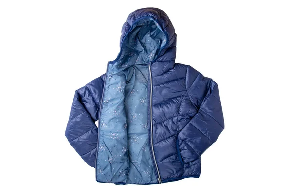 子供のジャケットは隔離された 白い背景に隔離された子供のためのスタイリッシュな居心地の良い暖かい青のダウンジャケット 春と秋のスポーティキッズファッション — ストック写真