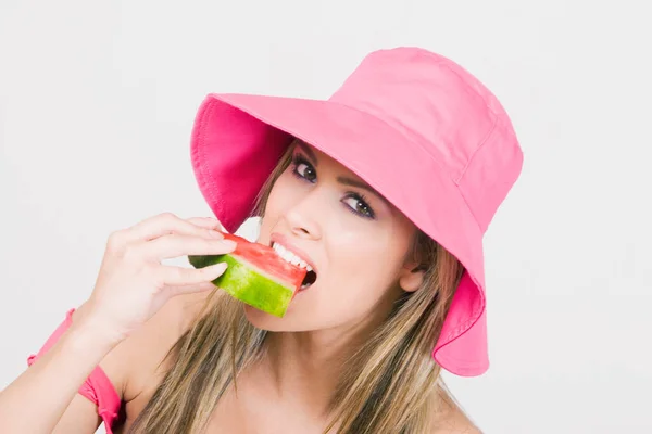 Young Beautiful Woman Watermelon White Background — Stock Photo, Image