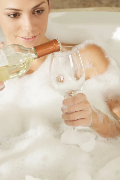 Close Young Woman Pouring Champagne Champagne Flute — Stock Photo, Image