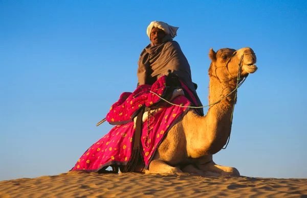 Vista Angolo Basso Uomo Adulto Mezza Età Sella Cammello Deserto — Foto Stock