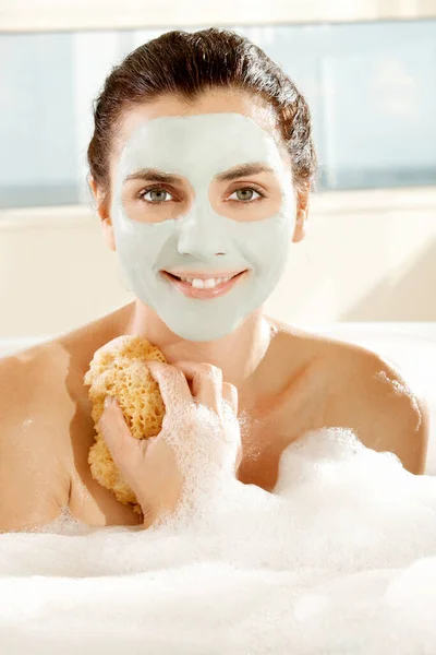 Portrait Young Woman Facial Mask Holding Bath Sponge Smiling — Stock Photo, Image