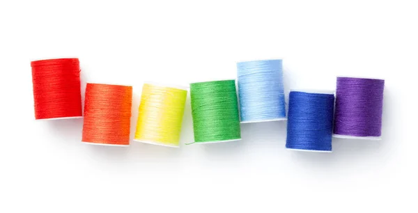 Sewing Threads Arranged Rainbow Colors Isolated White Background Top View — Stock Photo, Image