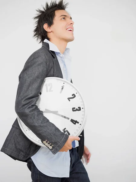 Portrait Young Businessman Holding Clock — Stock Photo, Image