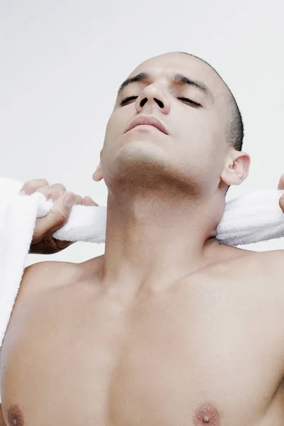 Portrait Young Man Towel His Face — Stock Photo, Image