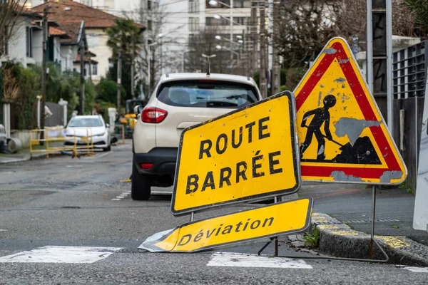 Sinais Rodoviários Fechados Desvio Trabalho Rodoviário Cidade Francesa — Fotografia de Stock