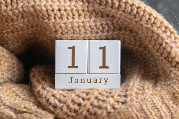Januari Houten Kalender Elfde Dag Van Wintermaand Een Kalender Voor — Stockfoto