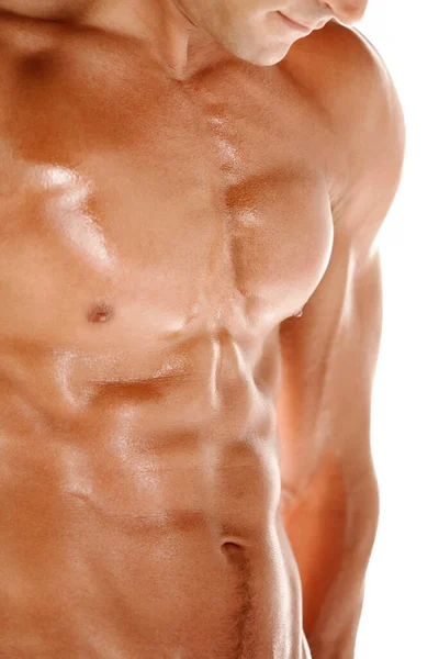 Muskulös Man Med Perfekt Kropp Vit Bakgrund — Stockfoto