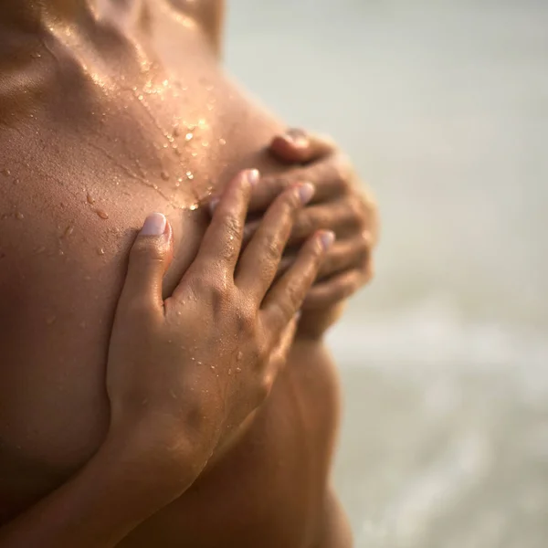 Mid Section View Young Woman Covering Her Breast Her Hands — Stock Photo, Image