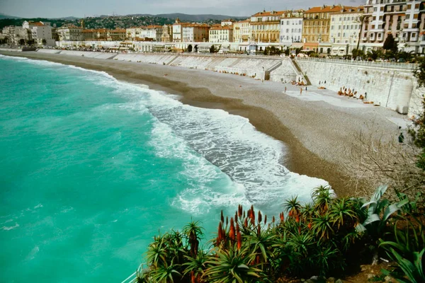 Vista Alto Ângulo Uma Praia Contra Cidade Nice Promenade França — Fotografia de Stock