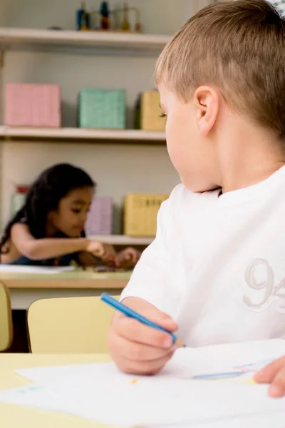 Cute Little Boy Writing Notebook Home — Stock Photo, Image