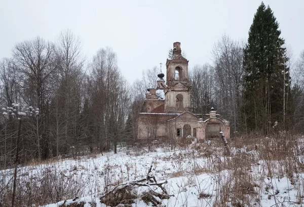 Starý Zchátralý Kostel Lesích Zimě Rozpadající Budovy — Stock fotografie