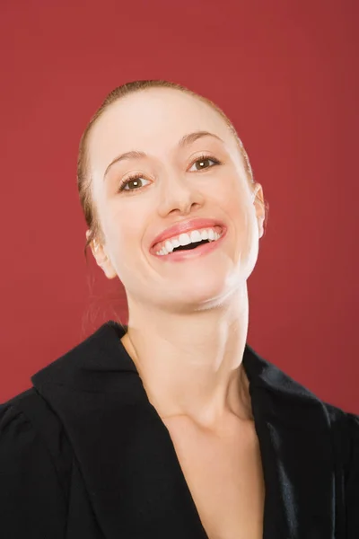 Ritratto Una Bella Giovane Donna Con Labbra Rosse Sfondo Rosa — Foto Stock
