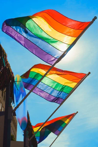 Nízký Úhel Pohledu Tři Vlajky Homosexuální Hrdosti Třepetající Budově — Stock fotografie