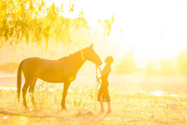 一个女孩站在一匹马前 夕阳西下 她们沐浴在温暖的阳光下 — 图库照片