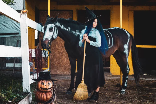 Una Chica Vestida Bruja Para Junto Corral Una Granja Junto — Foto de Stock