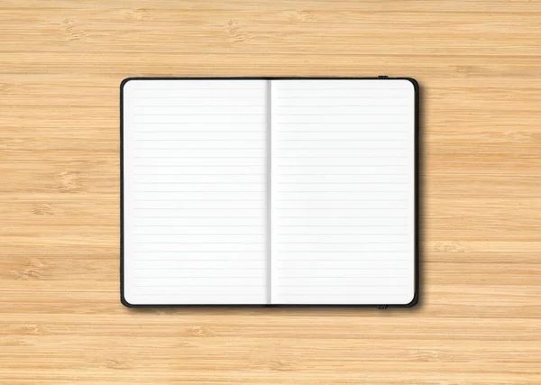 Zwarte Open Gevoerde Notebook Mockup Geïsoleerd Houten Achtergrond — Stockfoto