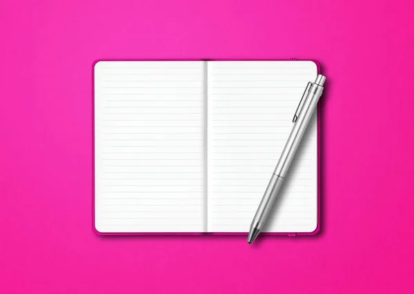 Ροζ Ανοιχτή Επένδυση Σημειωματάριο Mockup Ένα Στυλό Απομονώνονται Πολύχρωμο Φόντο — Φωτογραφία Αρχείου