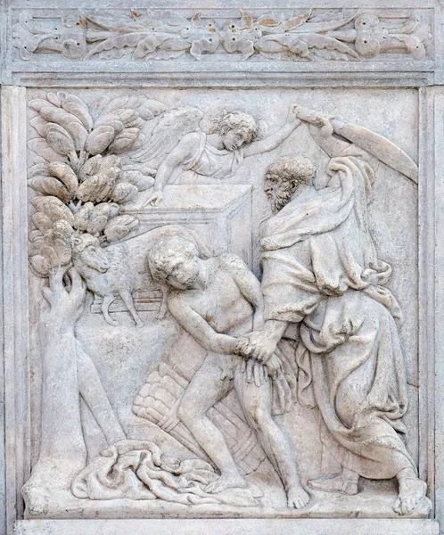 Abraham Sacrificing Isaac Płaskorzeźba Portalu Bazyliki Piotra Bolonii Włochy — Zdjęcie stockowe