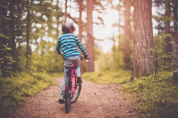 Dziecko Rowerze Lesie Wczesnym Rankiem Chłopiec Świeżym Powietrzu Kasku — Zdjęcie stockowe