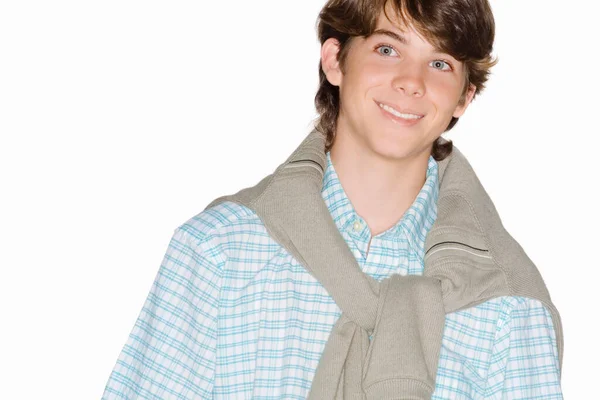 Junger Mann Mit Rucksack Auf Weißem Hintergrund — Stockfoto