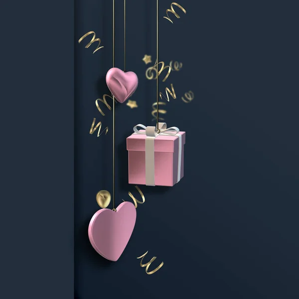 Corações Amor Caixas Presente Rosa Fundo Preto Azul Escuro Valentine — Fotografia de Stock