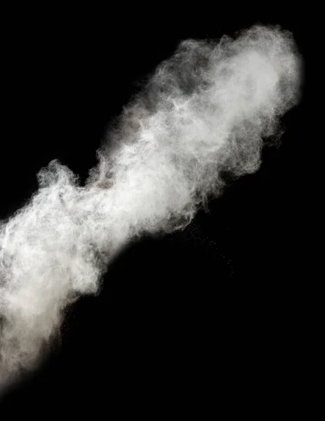 Wolke Aus Weißem Weizenmehl Auf Schwarzem Hintergrund Teilchen Fliegen Verschiedene — Stockfoto