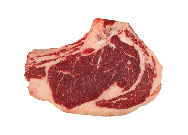 Fechar Bife Carne Ribeye Cru Marmoreado Com Osso Costela Isolado — Fotografia de Stock