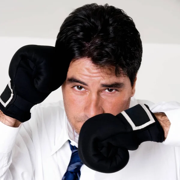 ボクシンググローブを着た若い実業家の肖像画です — ストック写真