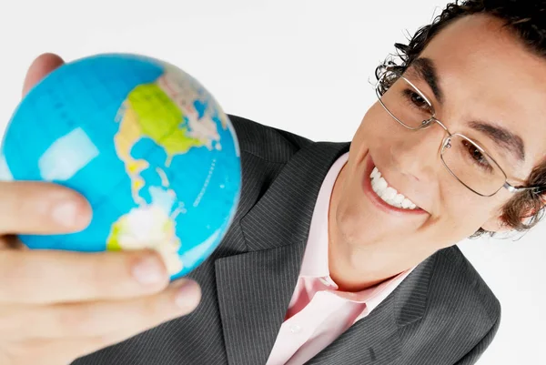 Primer Plano Hombre Negocios Sosteniendo Globo Sonriendo — Foto de Stock