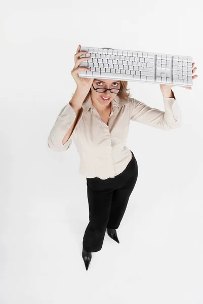 Vista Alto Angolo Una Donna Affari Che Tiene Una Tastiera — Foto Stock