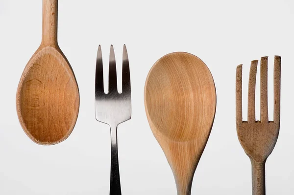 Cuchara Madera Tenedor Sobre Fondo Blanco — Foto de Stock