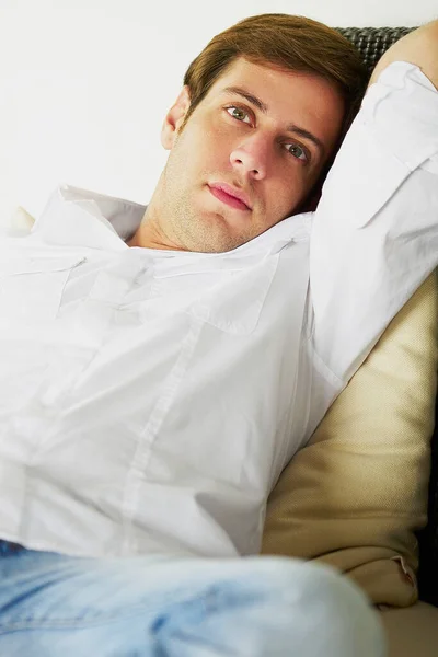 Portrait Young Man Lying Bed — Stock Photo, Image