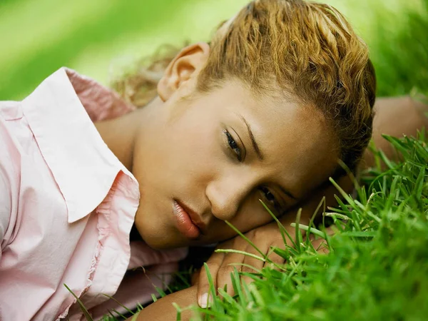 Portrait Young Boy Lying Green Grass — Stock Photo, Image
