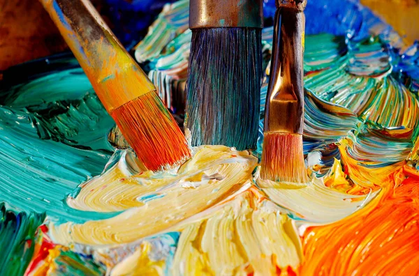 High Angle View Paintbrushes Mixing Paint Palette — Stock Photo, Image