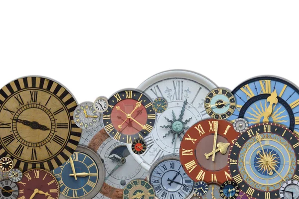 Bordure Une Collection Horloges Multicolores Anciennes Tour Église Dans Différentes — Photo