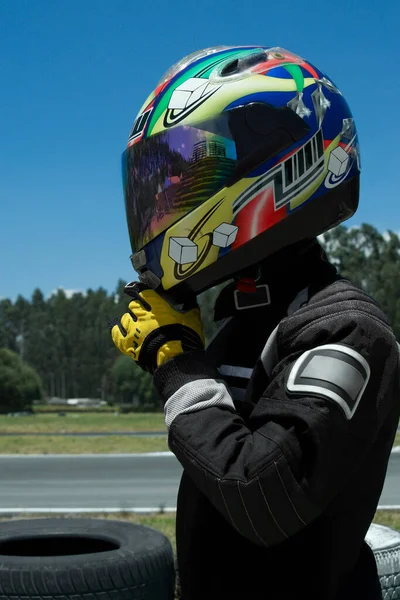 Man Helmet Protective Mask Stands Road — Stock Photo, Image