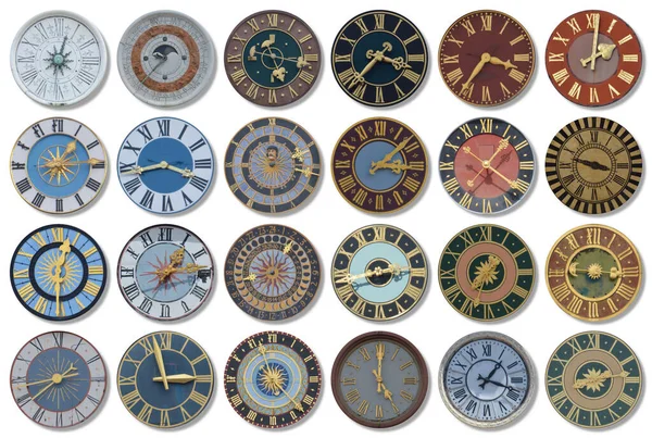 Collection Horloges Tour Église Ancienne Multicolore Différentes Tailles Formes Avec — Photo