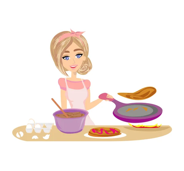 Beautiful Housewife Prepares Pancakes Hot Pan — Stock Photo, Image