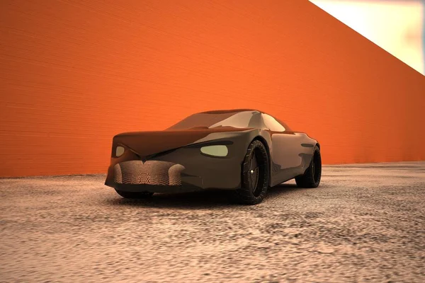幻想黑色汽车靠近砖墙 3D渲染 — 图库照片