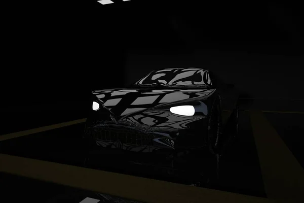 暗いガレージで黒い車 3Dレンダリング — ストック写真