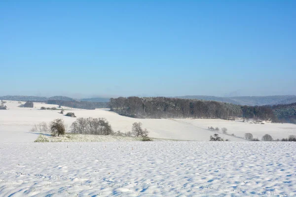 Paesaggio Innevato Con Campi Foresta Cielo Azzurro Spessart Baviera Germania — Foto Stock