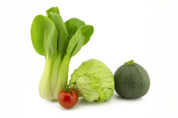 Chinese Cabbage Green Courgette White Cabbage Cherry Tomato Isolated White — Stock Photo, Image