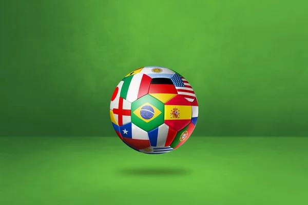足球球 国旗隔离在绿色工作室的背景下 3D插图 — 图库照片