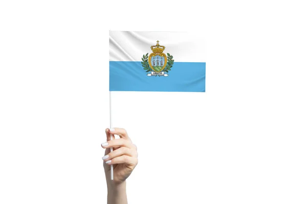 Hermosa Mano Femenina Sosteniendo Bandera San Marino Aislada Sobre Fondo — Foto de Stock