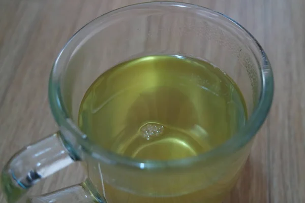 Glass Cup Having Brewed Fragrant Green Tea Qehwa Qahwa Wooden — Stock Photo, Image