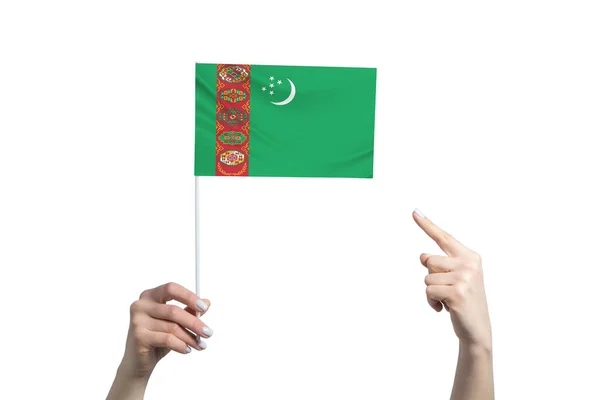 Egy Gyönyörű Női Kéz Egy Türkmenisztáni Zászlót Tart Amihez Másik — Stock Fotó
