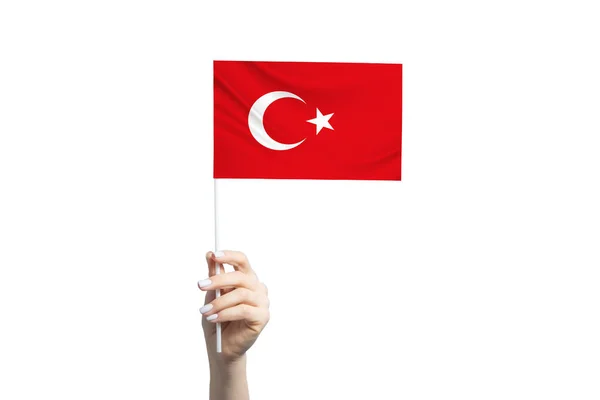 Vacker Kvinnlig Hand Håller Turkiet Flagga Isolerad Vit Bakgrund — Stockfoto