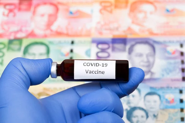 Vacina Contra Covid Contexto Dinheiro Filipino Peso — Fotografia de Stock
